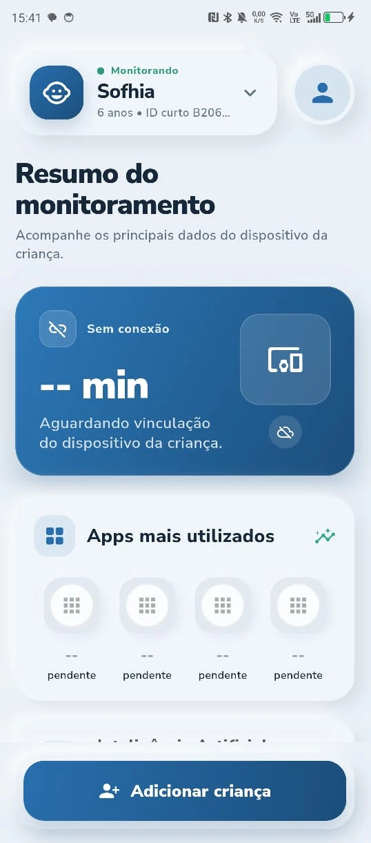 Tela da Lumikids com resumo de monitoramento, tempo de uso e aplicativos mais utilizados