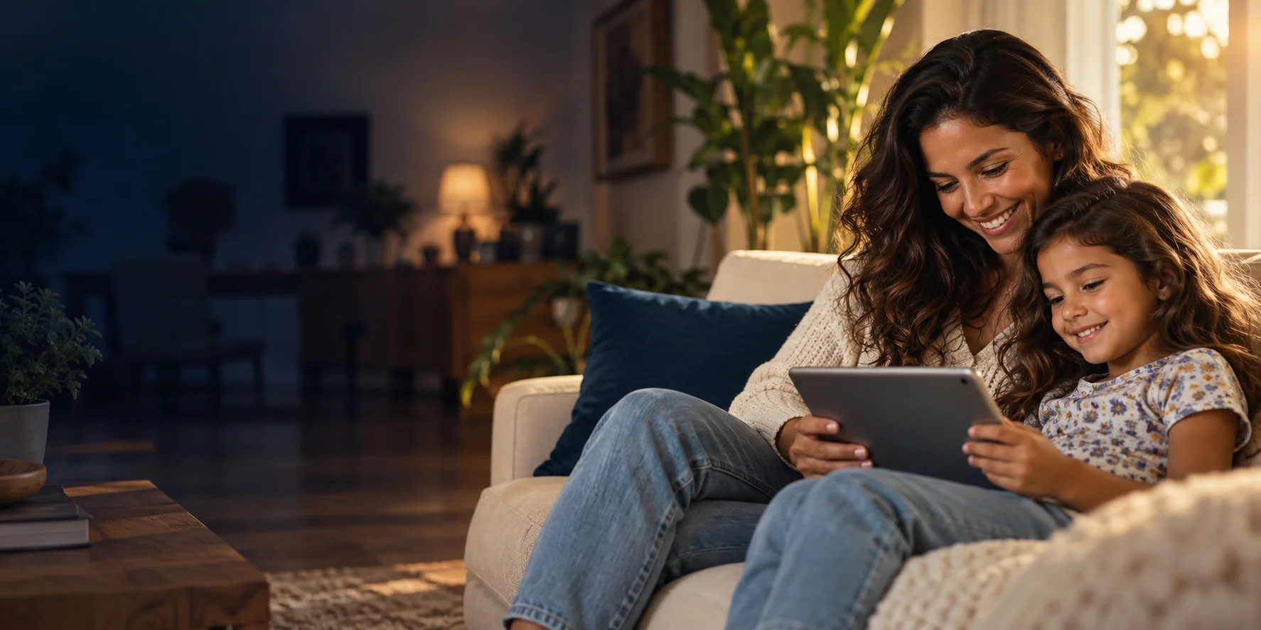 Mãe e filha explorando um tablet juntas no sofá